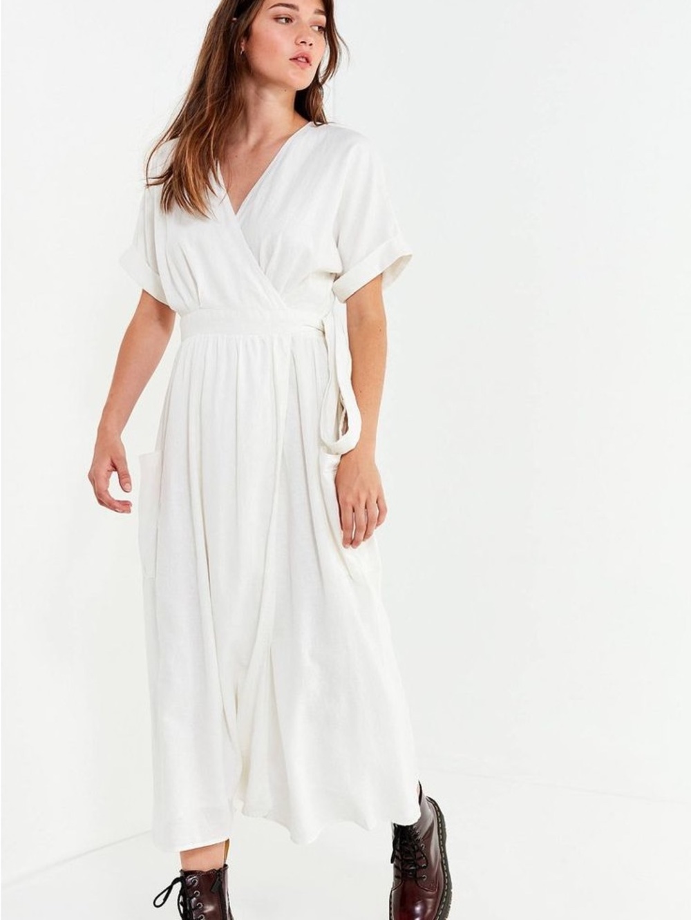 Urban Outfitters White Wrap Midi Dress with Short Sleeves